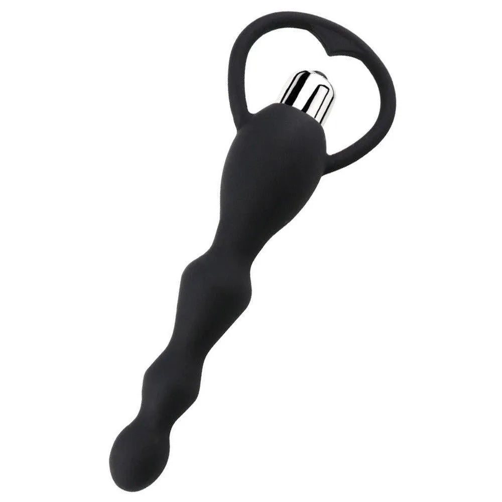 Chapelet anal vibrant noir en silicone médical avec poignée, longueur 17cm, diamètre 1-3cm, piles LR44 incluses.