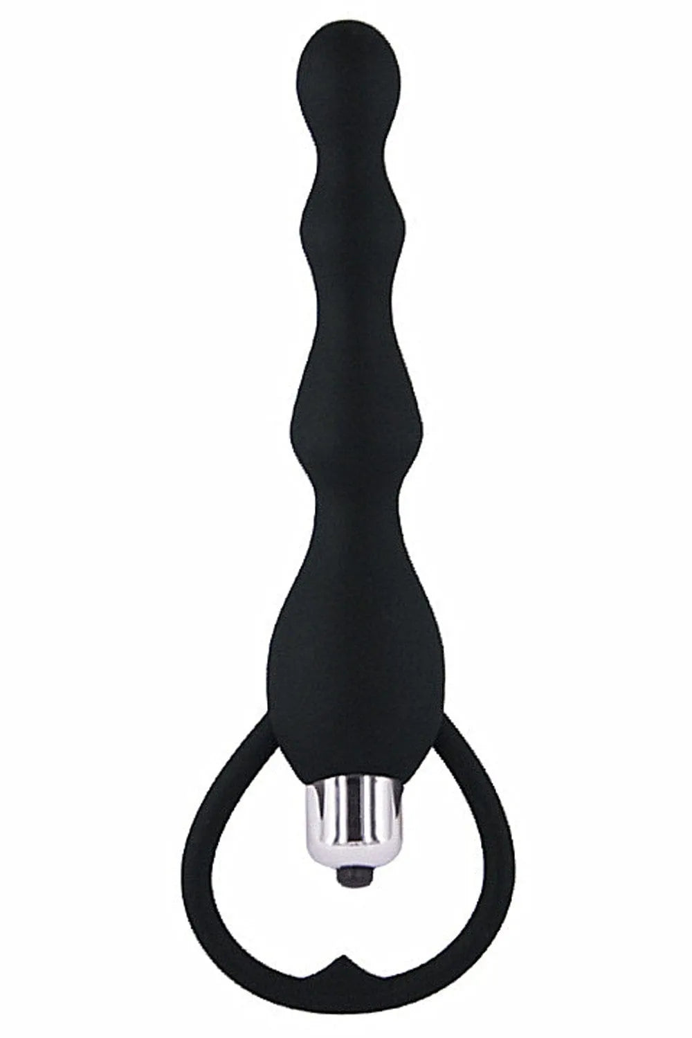 Chapelet anal vibrant noir en silicone médical avec poignée, longueur 17 cm, diamètre 1-3 cm, piles incluses.