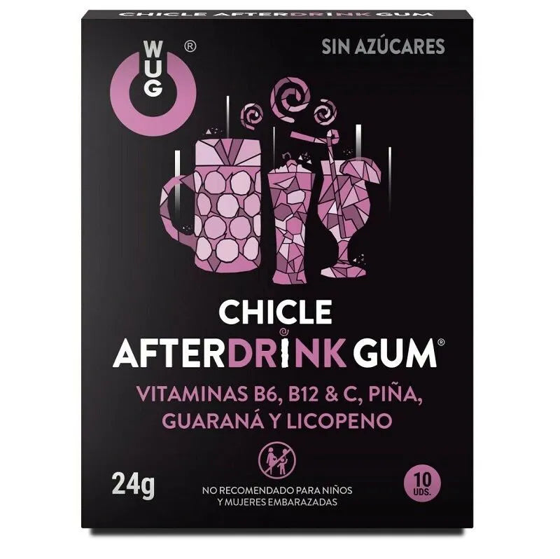 Gomme anti-gueule de bois, boîte noire, guarana, vitamines B6, B12, C, ananas, lycopène, saveur citron-ananas.