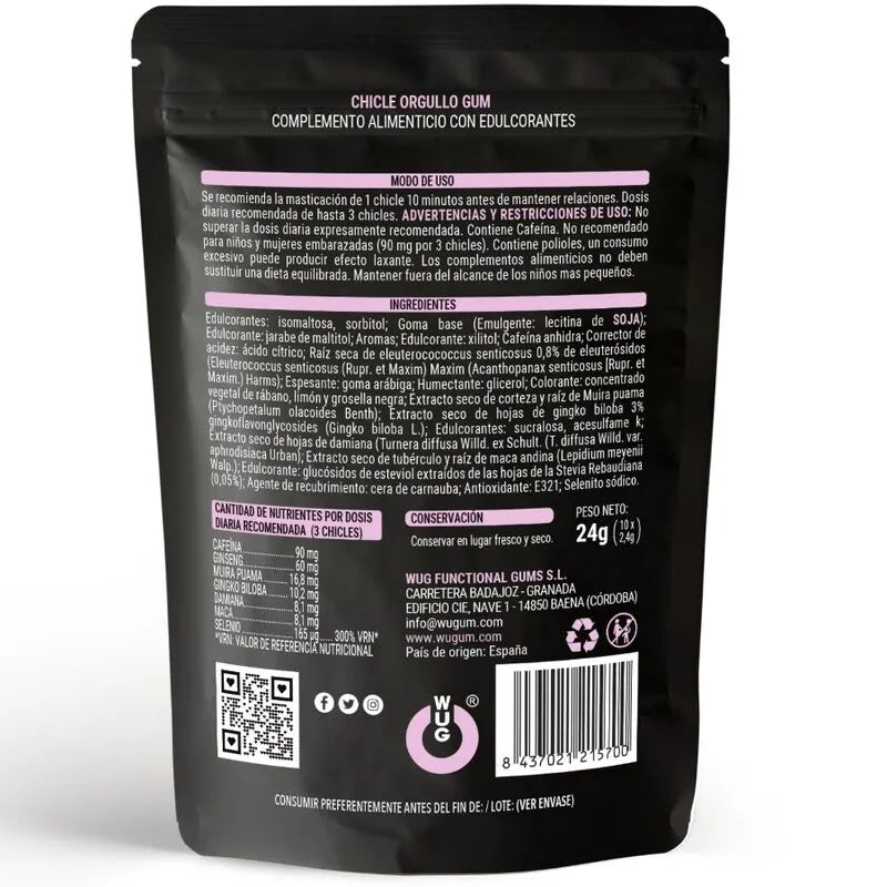 Gomme aphrodisiaque fruits rouges sans gluten, sachet noir, ingrédients naturels: maca, damiana, ginseng, muira puama.