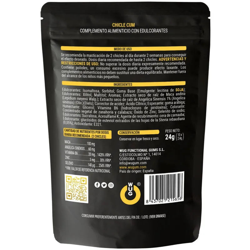 Boîte noire de gommes mâchables fertilité banane, zinc, sélénium, maca, vitamine B6, sans gluten ni lactose.