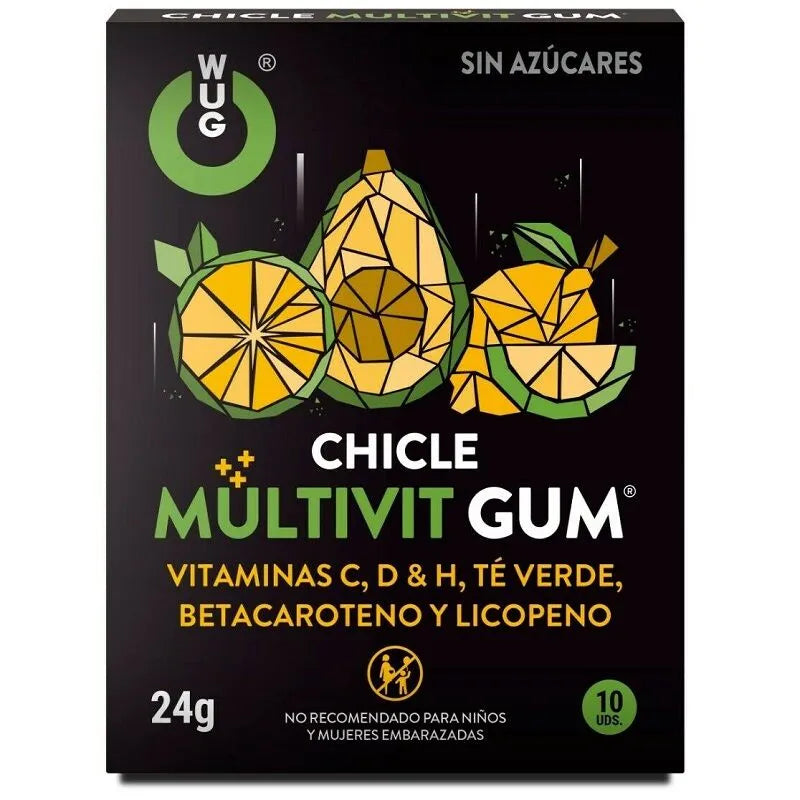 Gomme multivitamines sans sucre, boîte noire, fruits tropicaux, vitamines C, D, H, antioxydants, 24g, 10 unités.