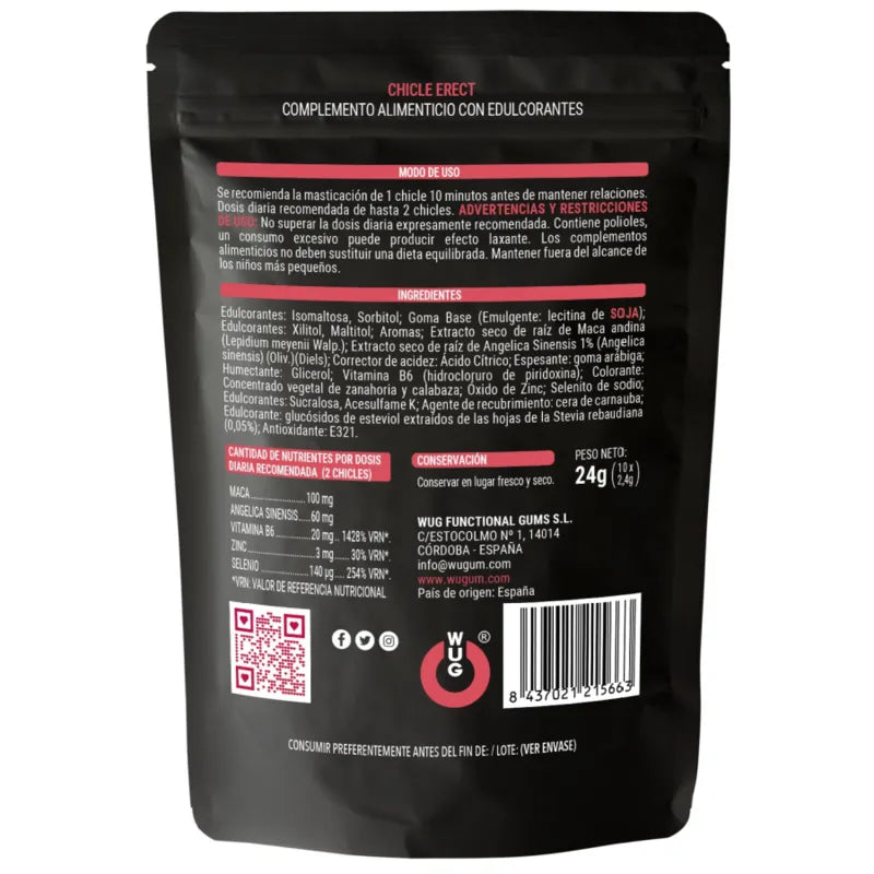 Gomme noire stimulant sexuel sans gluten, sachet refermable, ingrédients et instructions visibles, maca, arginine, zinc.