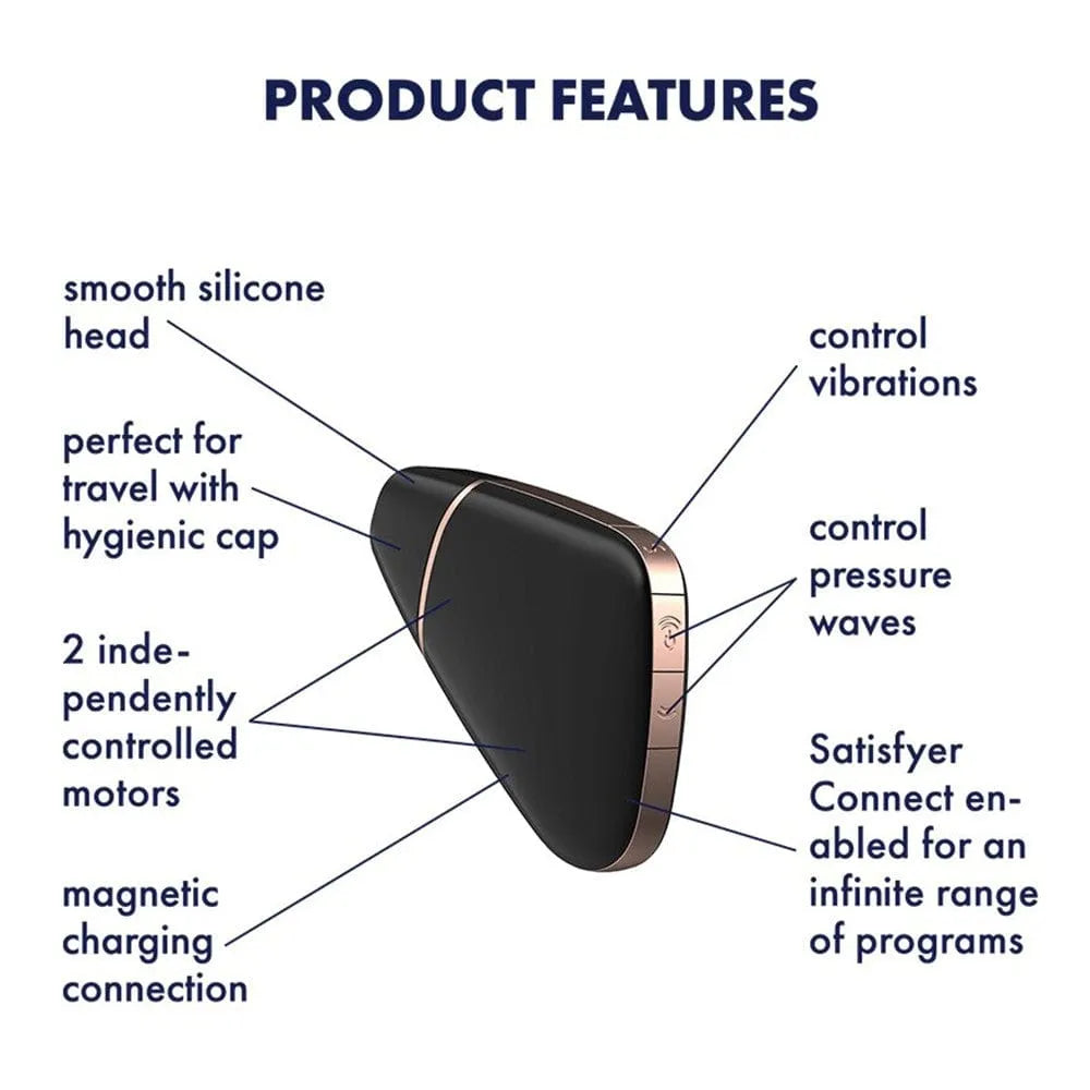Stimulateur clitoridien noir en silicone, forme triangulaire, avec capuchon hygiénique, contrôlable via application mobile.