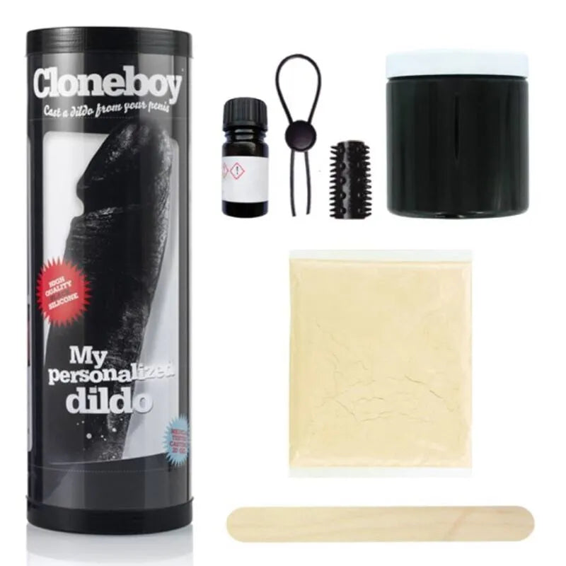 Kit Cloneboy moulage pénis silicone noir, contenant tube, poudre, bâtonnet, bague, et accessoires pour réplique personnali...