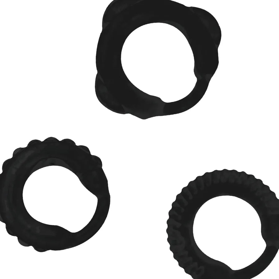 Anneaux péniens noirs ajustables, antidérapants, trois tailles, pour prolonger le plaisir et prévenir l'éjaculation précoce.