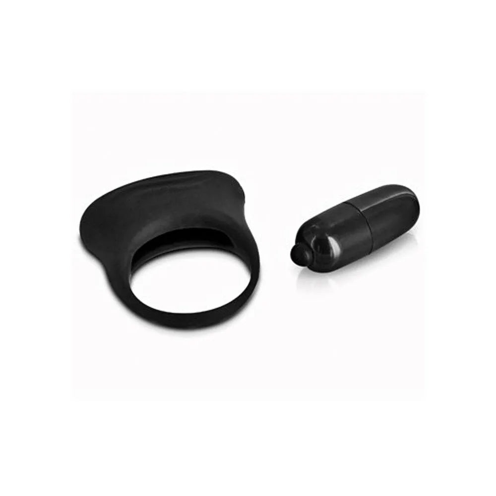 Anneau pénien vibrant noir en silicone avec œuf vibrant détachable, extensible et étanche pour stimulation clitoridienne.