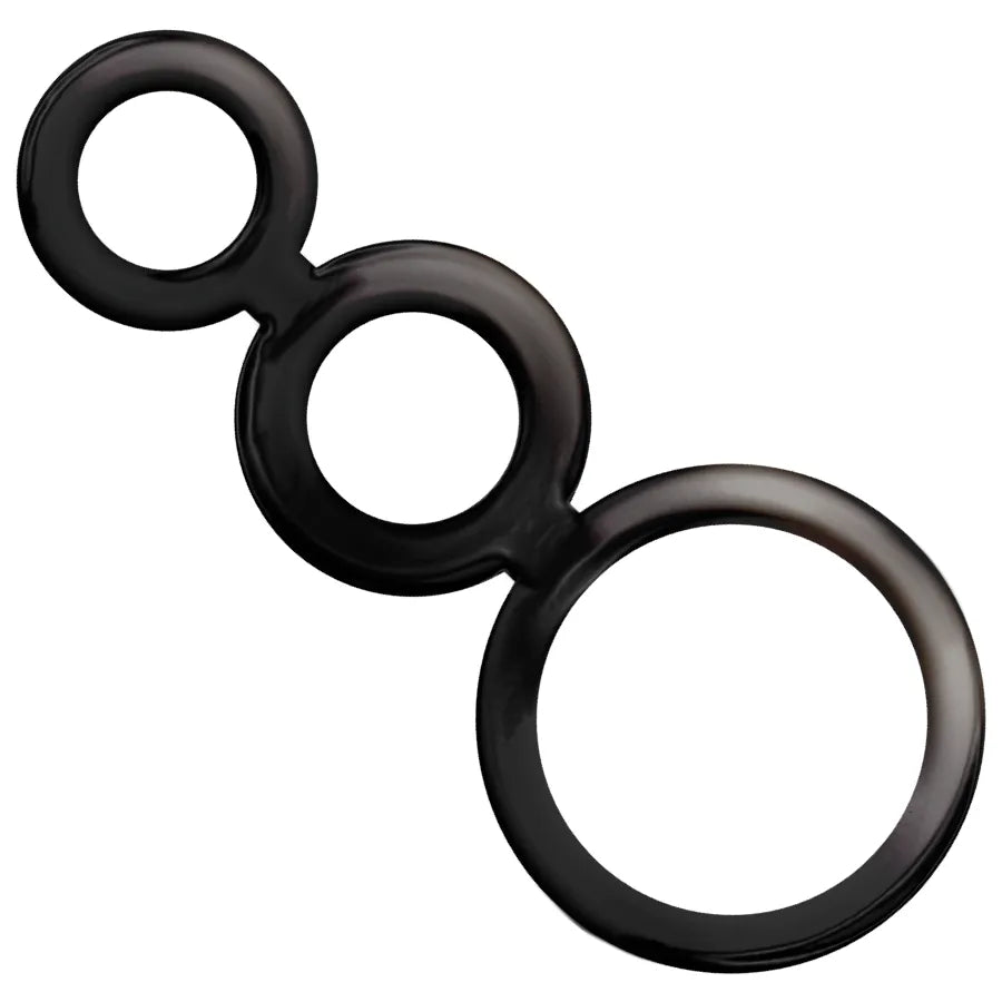 Anneau pénien silicone noir, trois tailles ajustables, antidérapant, hypoallergénique, pour retard éjaculation et fermeté.