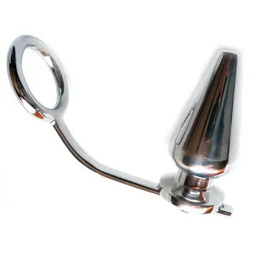 Anneau pénien en acier chirurgical avec plug anal ergonomique, finition lisse, stimulation BDSM double intensité.