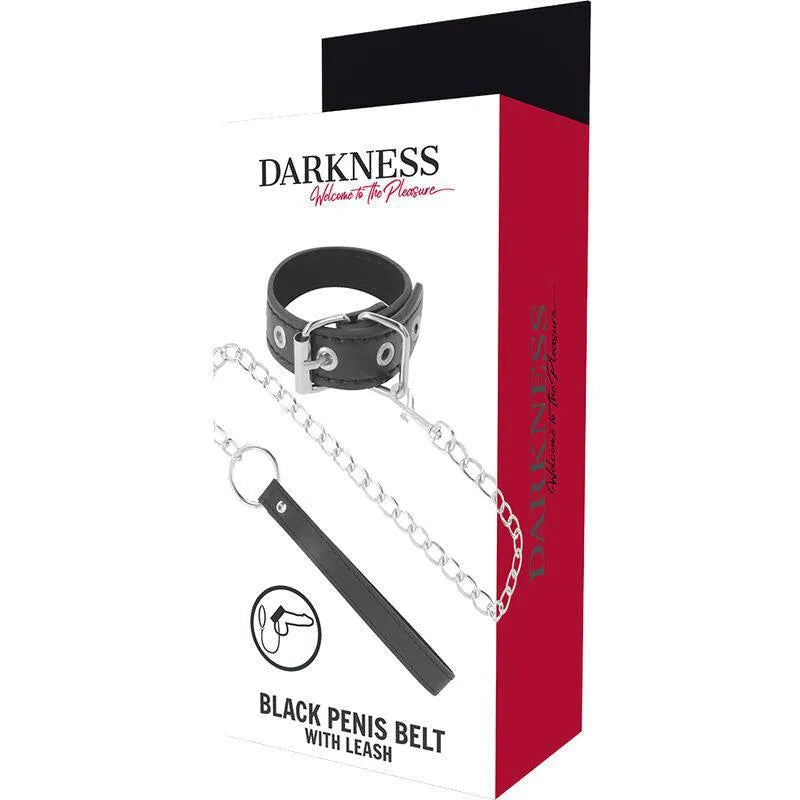 Anneau pénis BDSM vegan noir avec chaîne métal sans nickel, cuir doux, sur fond blanc et rouge, emballage visible.