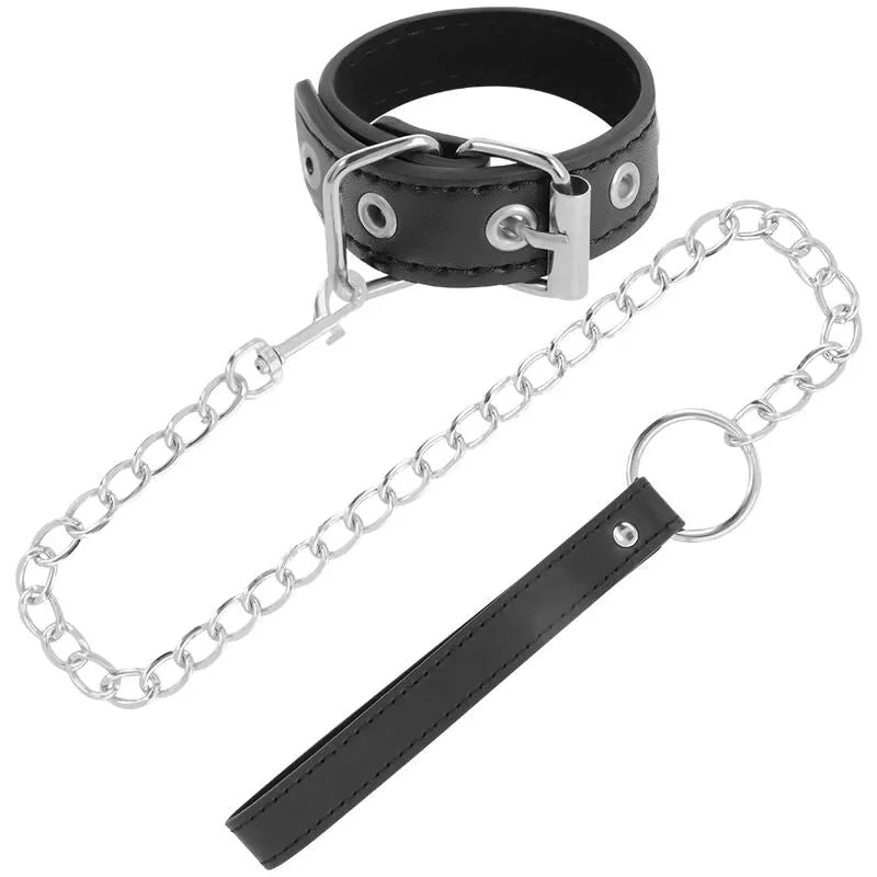Anneau pénis BDSM noir en cuir vegan avec chaîne métal sans nickel, ajustable et durable pour débutants et experts.