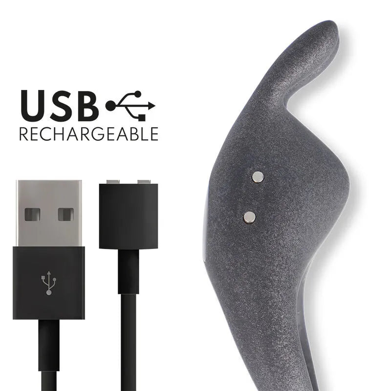 Anneau connecté en silicone noir, forme ergonomique, avec câble USB, pour stimulation personnalisée couples.