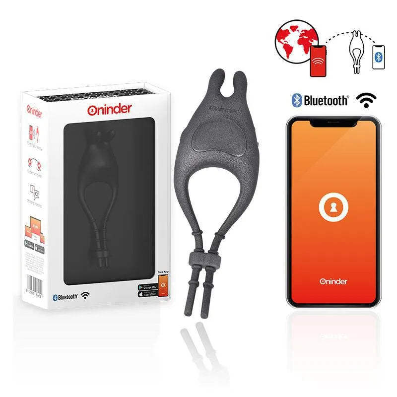 Anneau connecté noir en silicone, stimulation personnalisée, 10 vitesses, contrôlable via application mobile, boîte incluse.