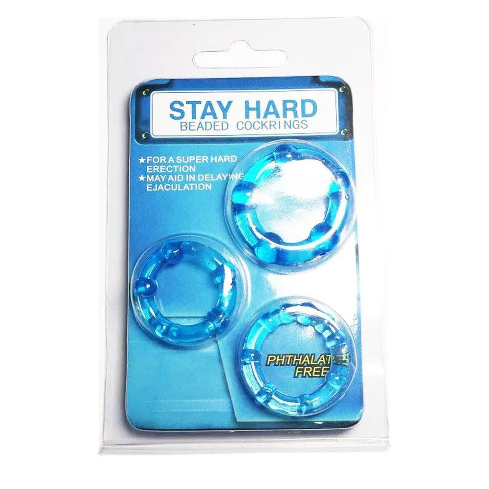 Cockrings bleus en TPR avec billes, pack de 3 tailles pour stimulation pénis et testicules, sans phtalate.