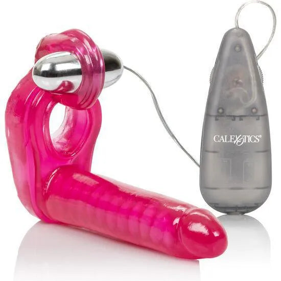 Anneau pénien rose vibrant en gelée flexible, double pénétration, stimulation clitoridienne, télécommande grise.