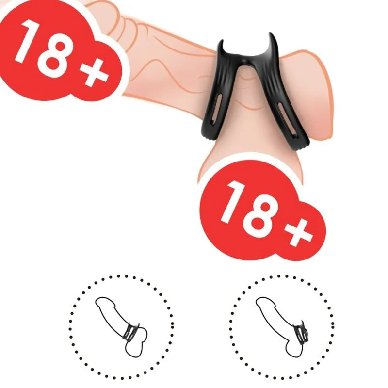 Anneau double silicone noir ergonomique, étanche, sur fond blanc, pour intensité érection et confort, usage intime masculin.