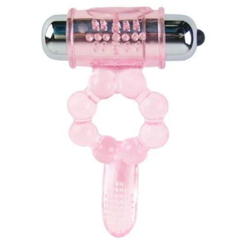 Anneau vibrant rose double stimulation clitoridienne et anale, silicone souple, 10 vibrations, bouton unique, piles incluses.