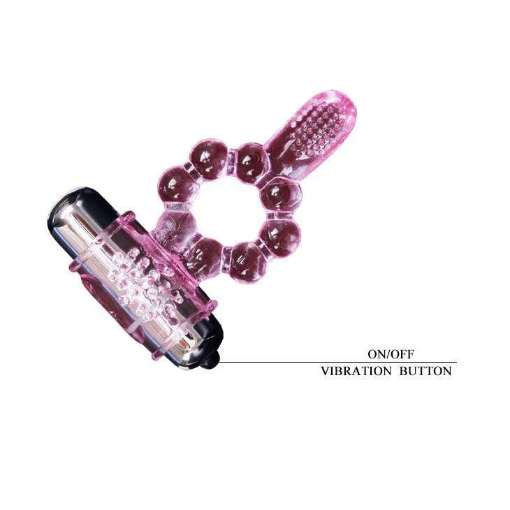 Anneau vibrant rose double stimulation clitoridienne et anale, silicone souple, 10 vibrations, bouton unique, piles incluses.