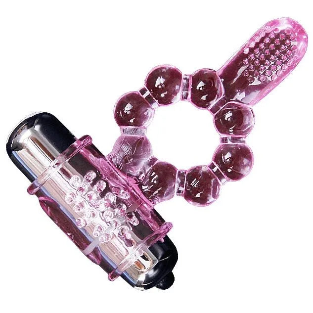 Anneau vibrant rose double stimulation clitoridienne et anale, silicone souple, 10 modes vibration, piles incluses.