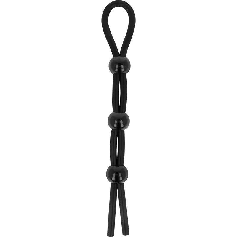 Anneau pénien testiculaire ajustable en silicone noir, hypoallergénique, élastique, avec perles pour confort et performance.