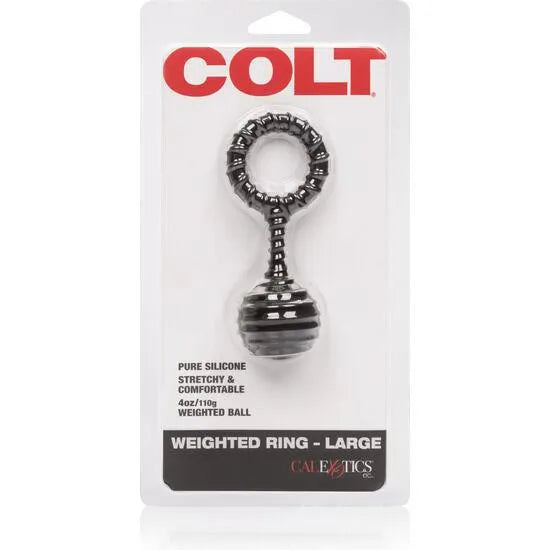 Anneau sexuel lesté en silicone noir, forme circulaire avec boule, emballage Colt, stimulation et confort optimisés.