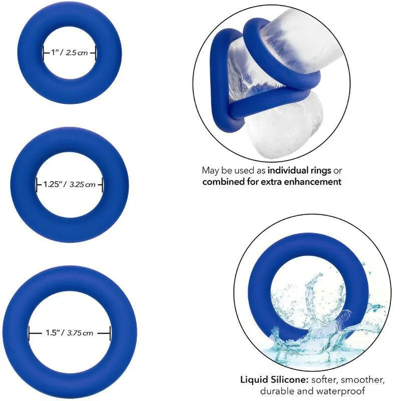 Anneaux péniens en silicone liquide bleu, souples et durables, tailles variées, hypoallergéniques, étanches.