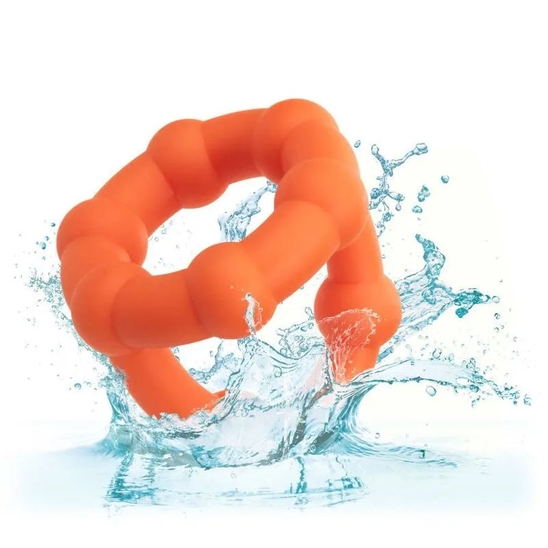 Anneau pénien orange en silicone liquide, double perlé, ergonomique, imperméable, pour endurance et confort accru.