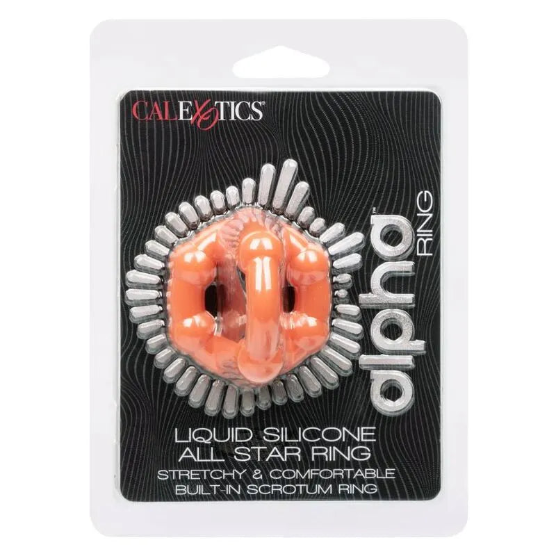 Anneau pénien silicone liquide orange, extensible, ergonomique, perlé, pour endurance et confort, emballage noir et argent.