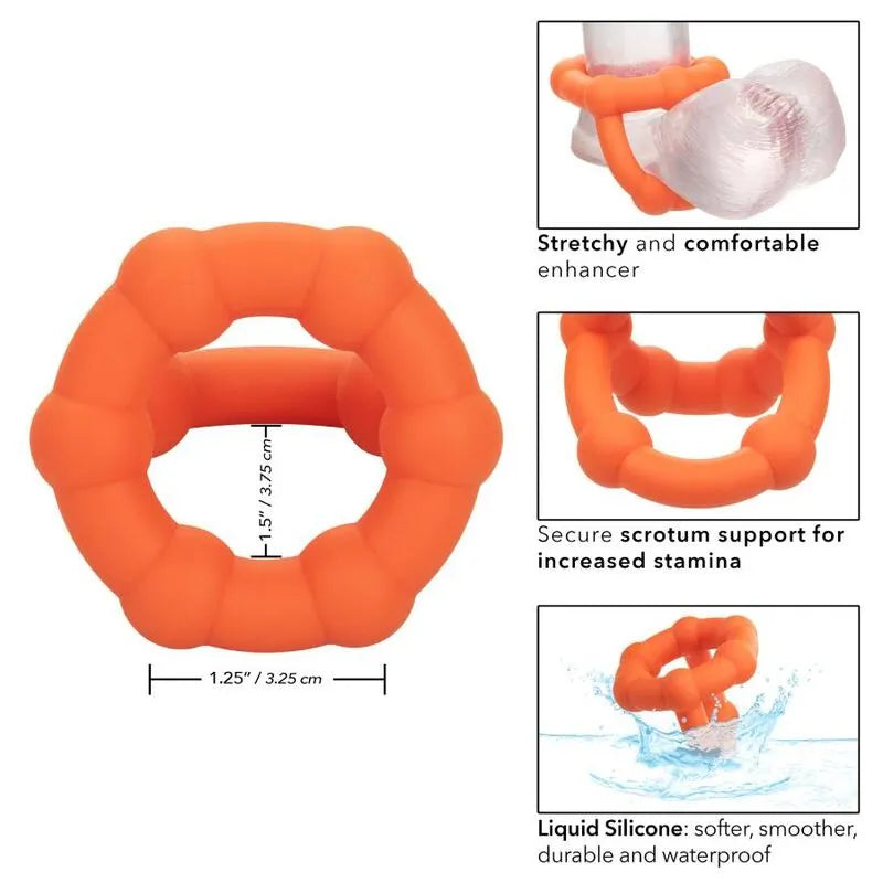 Anneau pénien orange en silicone liquide, extensible, double perlé, pour confort et endurance, imperméable.