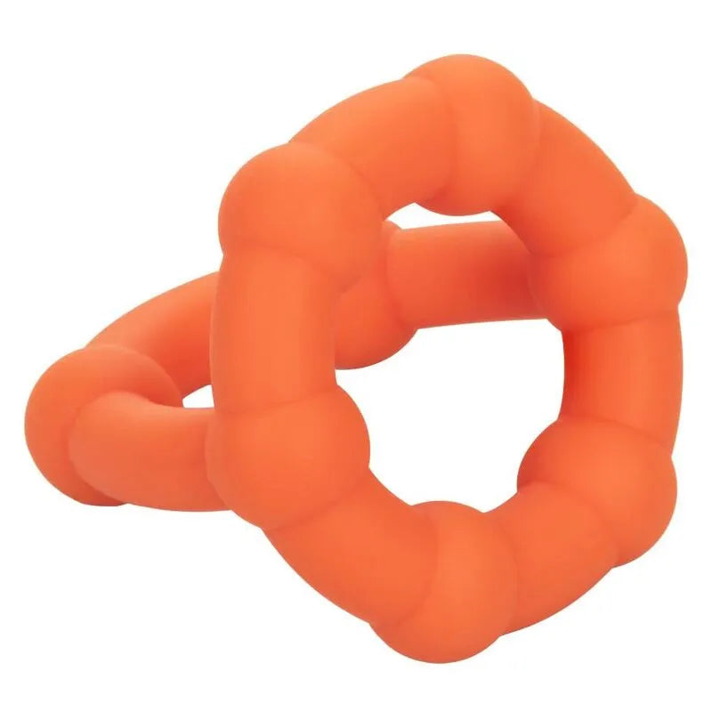 Anneau pénien orange en silicone liquide, double perlé, extensible, ergonomique, pour endurance et confort optimal.