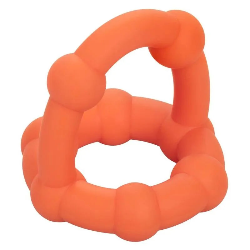 Anneau pénien double en silicone liquide orange, perlé, extensible, pour endurance et confort, imperméable et durable.