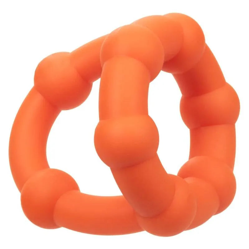 Anneau pénien silicone orange perlé, extensible, ergonomique, double boucle, pour endurance et confort optimal.