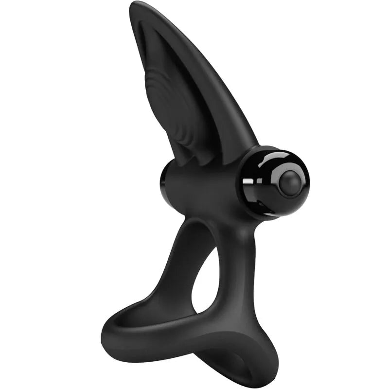 Anneau silicone noir ergonomique pour couples, avec stimulateurs clitoridiens, forme moderne et dix modes de vibration.
