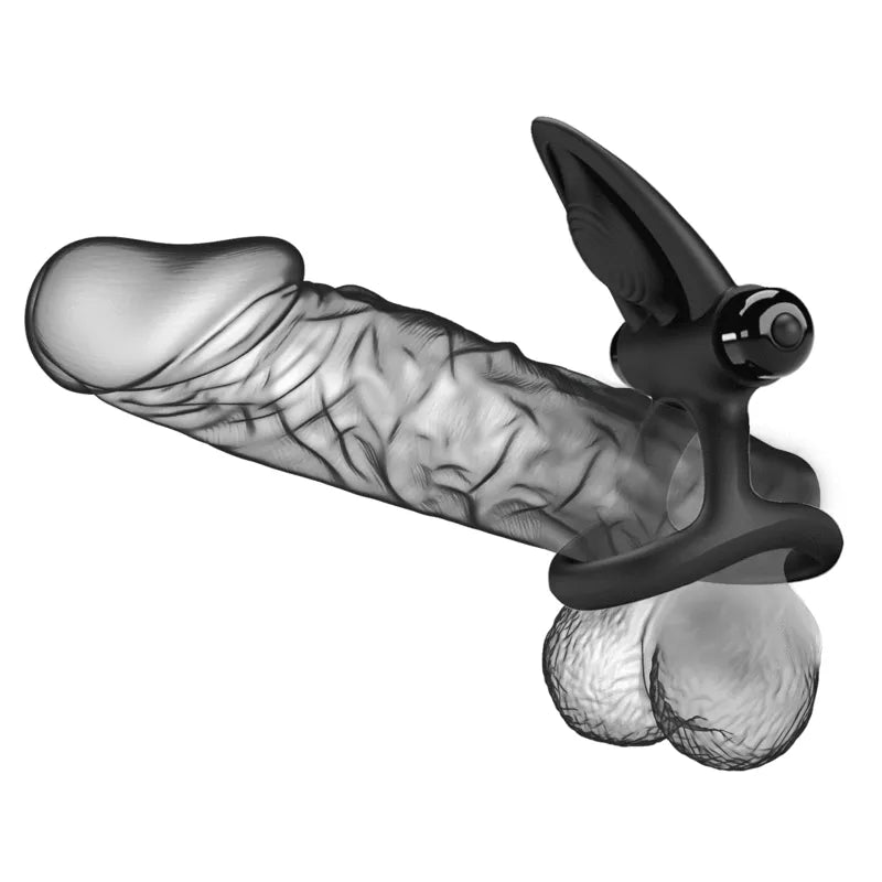 Anneau silicone noir ergonomique avec stimulateur clitoridien, forme nez dauphin, dix modes vibrations, érection prolongée.