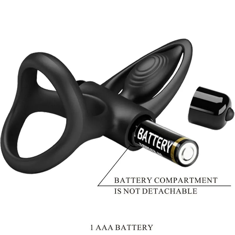 Anneau silicone noir ergonomique avec stimulateurs, nez dauphin, dix modes vibrations, batterie AAA visible.