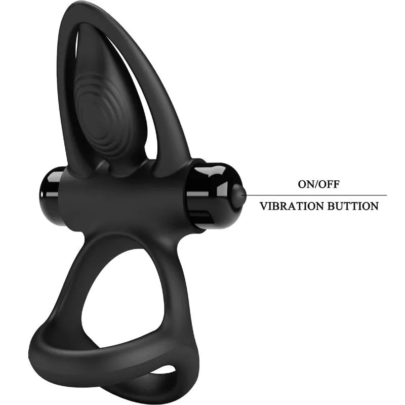 Anneau silicone noir ergonomique avec stimulateurs et modes de vibration pour couples, design moderne et confortable.