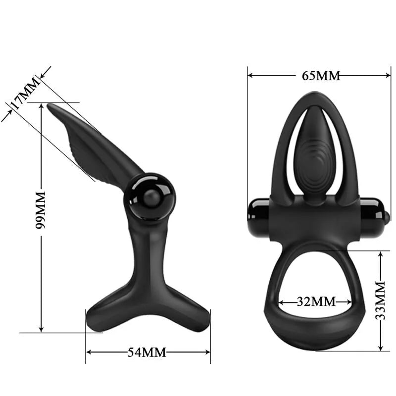 Anneau silicone noir ergonomique, stimulateurs clitoridiens, nez dauphin, dix modes vibrations, dimensions détaillées.