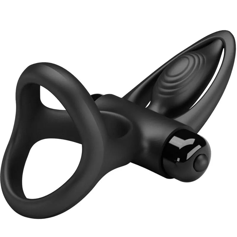Anneau silicone noir ergonomique avec stimulateur clitoridien, forme de nez dauphin, dix modes vibrations, discret.