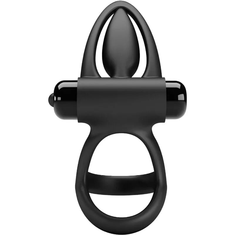 Anneau silicone noir ergonomique avec stimulateur clitoridien, extensible, dix modes de vibration, design élégant et discret.