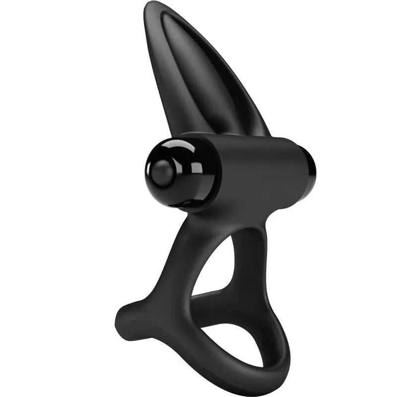 Anneau silicone noir ergonomique avec stimulateurs clitoridiens, forme extensible, dix modes de vibration pour couples.
