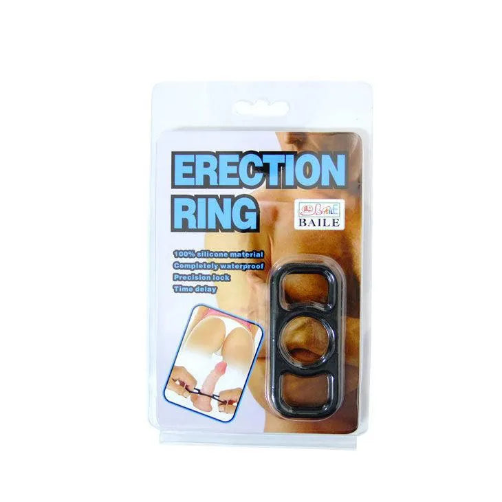 Anneaux péniens en silicone noir, trois tailles, pour érection prolongée et confort optimal, emballage transparent.