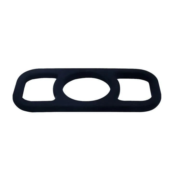 Anneau pénien en silicone noir, forme ovale, trois tailles, confort doux, maintien érection, retard éjaculation.