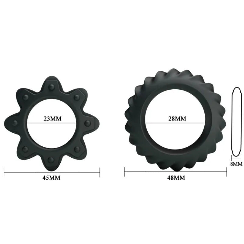 Anneaux pénien en silicone noir, formes étoilée et ondulée, dimensions visibles, pour prolongation et intensification.