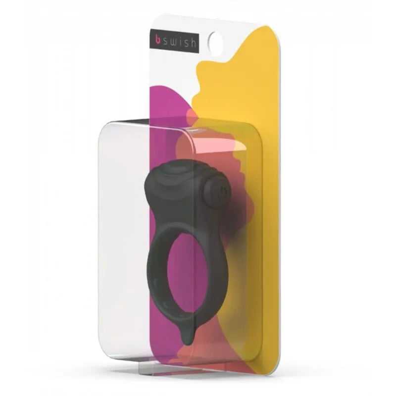 Anneau pénien en silicone noir avec crêtes stimulantes, moteur à 5 fonctions, emballage coloré et étanche.