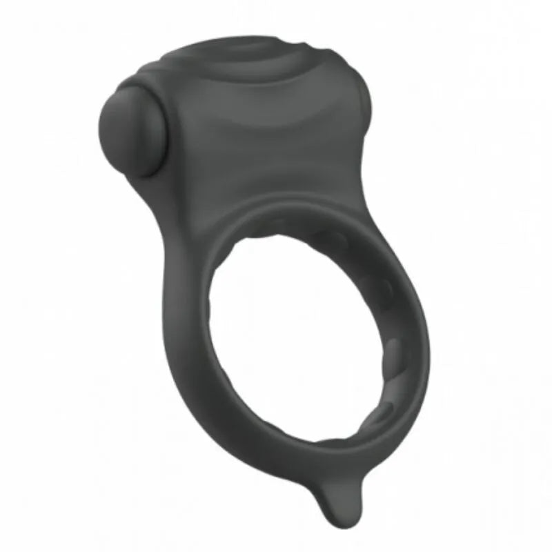 Anneau pénien silicone noir, crêtes stimulantes, moteur intégré, étanche, 5 fonctions, flexible et doux.