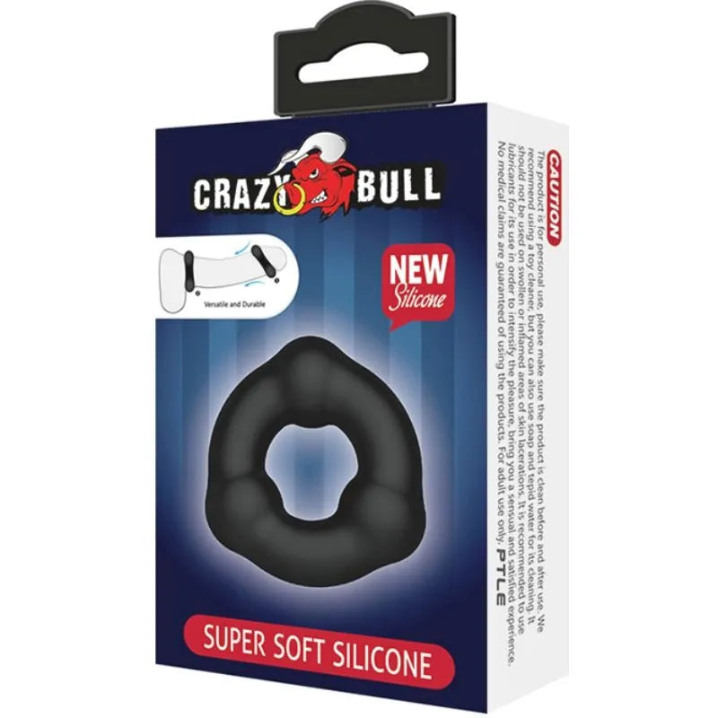 Anneau pénien silicone noir ultra doux, élastique, sur fond bleu, emballage Crazy Bull, amélioration érection.