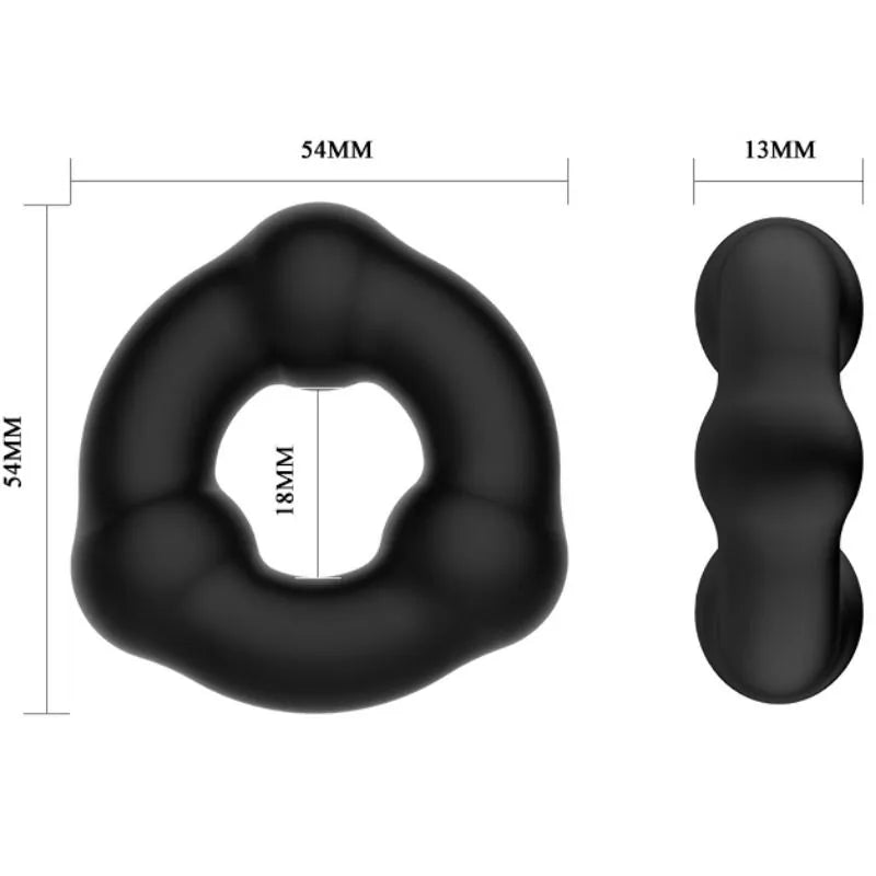 Anneau pénien en silicone noir ultra doux, forme ronde, dimensions 54mm, amélioration érection et confort optimal.
