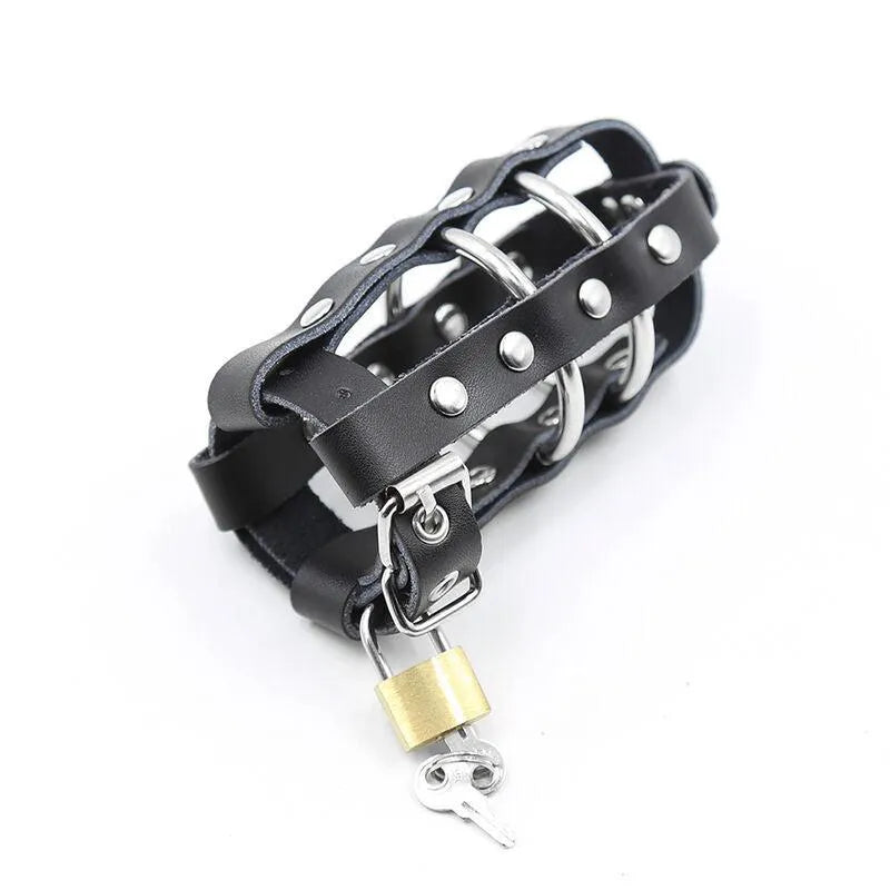 Anneau pénien noir avec sangle ajustable et cadenas métallique, design ergonomique pour confort et sécurité.