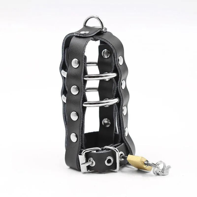 Anneau pénien noir avec sangle ajustable, cadenas métallique doré, design ergonomique et sécurisé pour expérience fétiche.
