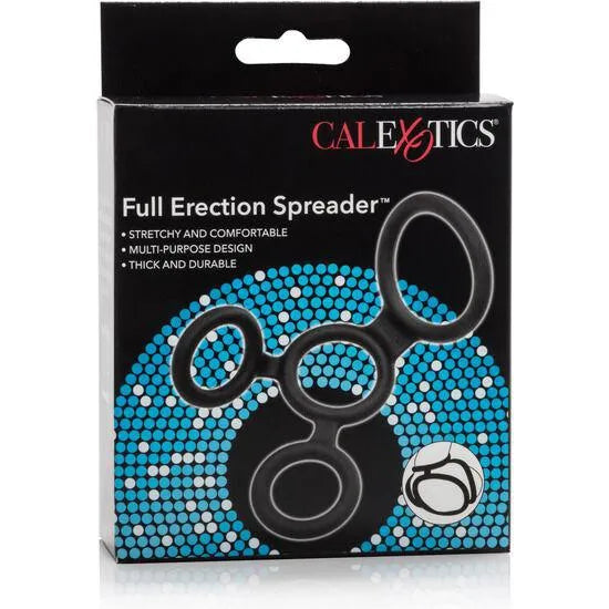 Anneau pénien élastique noir multi-positions, soutien scrotum, silicone ergonomique, boîte California Exotics.